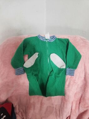 Basic Editions Green Fleece Zippered Kids Pajamas with Striped Trim